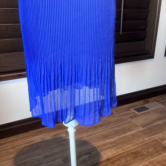 Donna Karan New York midi shift dress 4 Blue sleeveless tie neck pleated NEW - Picture 6 of 12